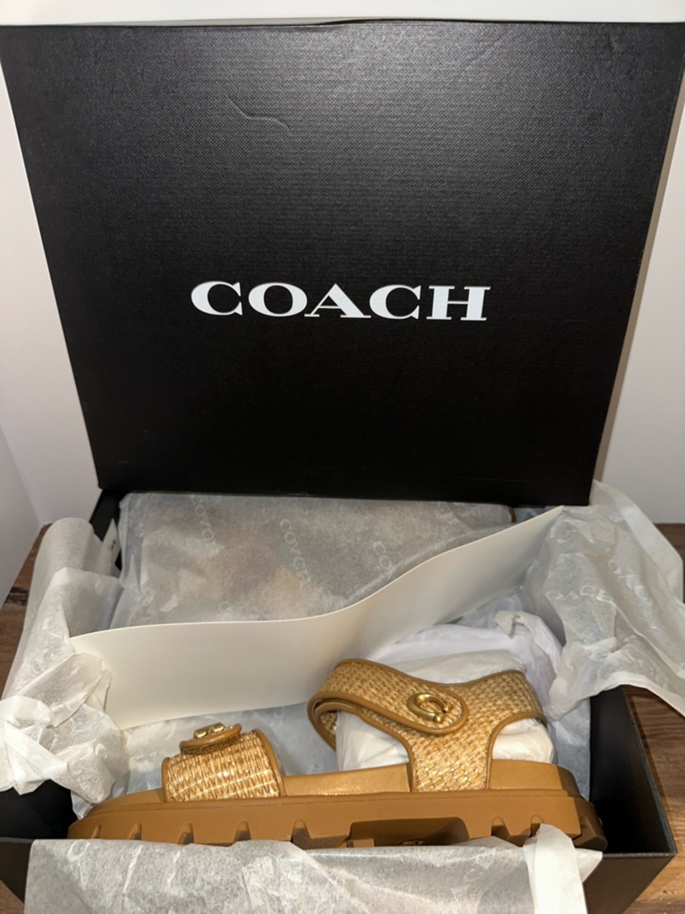 Coach Tan Brynn straw sandals with Gold Hardware - Picture 7 of 8